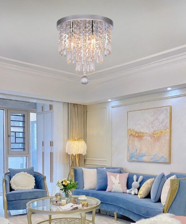 Elegancka lampa sufitowa z kryształkami i chromowaną podstawą 3×G9