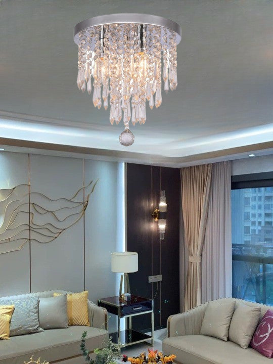 Elegancka lampa sufitowa z kryształkami i chromowaną podstawą 3×G9