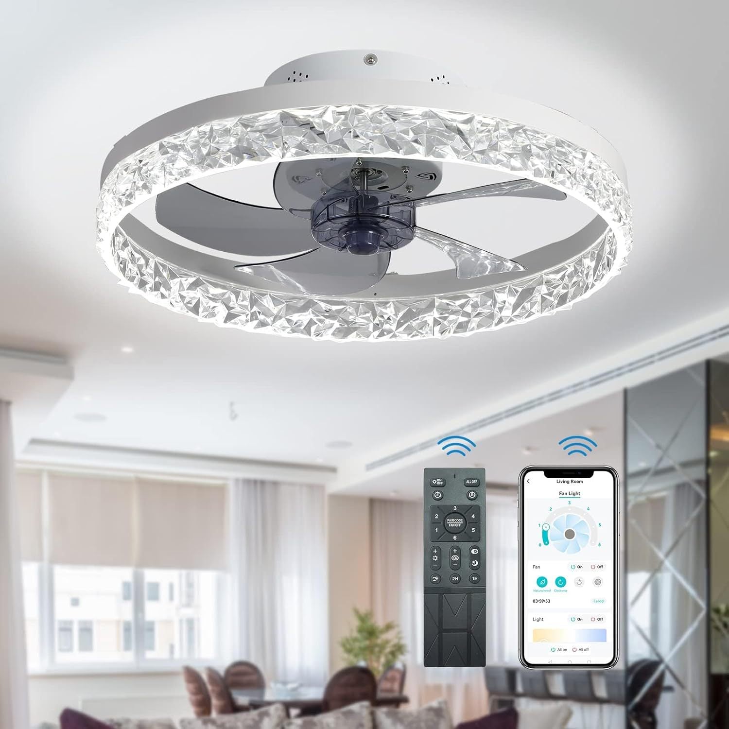 Plafon sufitowy LED z wiatrakiem biały +pilot, aplikacja TRYB ZIMOWY