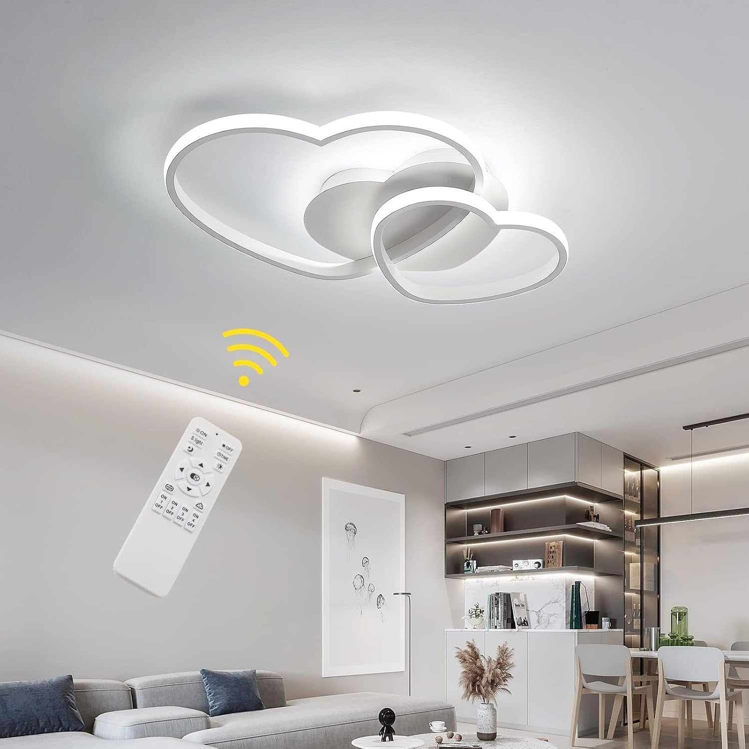 Biała Lampa Sufitowa LED w Kształcie Serca Oliwka 48W z Pilotem - Pokój Dziecięcy