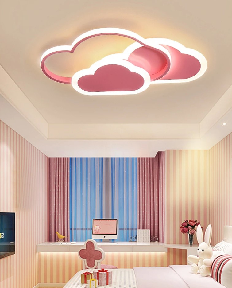 Różowa Lampa Sufitowa LED w Kształcie Chmurki Oliwka 40W z Pilotem - Pokój Dziecięcy